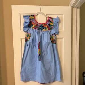 Mi Golondrina Light Blue Floral Embroidered Ruffle Dress